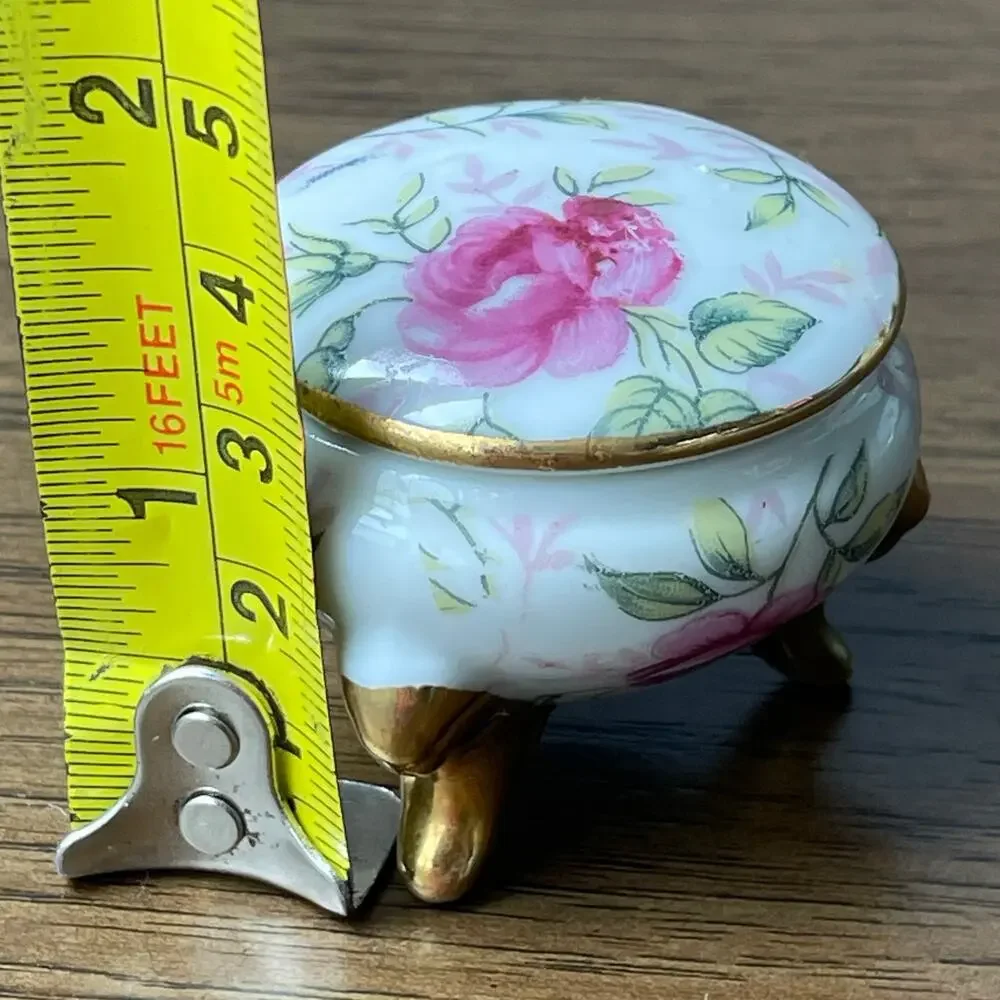 Floral Porcelain Footed Trinket Box Vtg Mini Lidded Bowl Roses Gold Gilt 1239